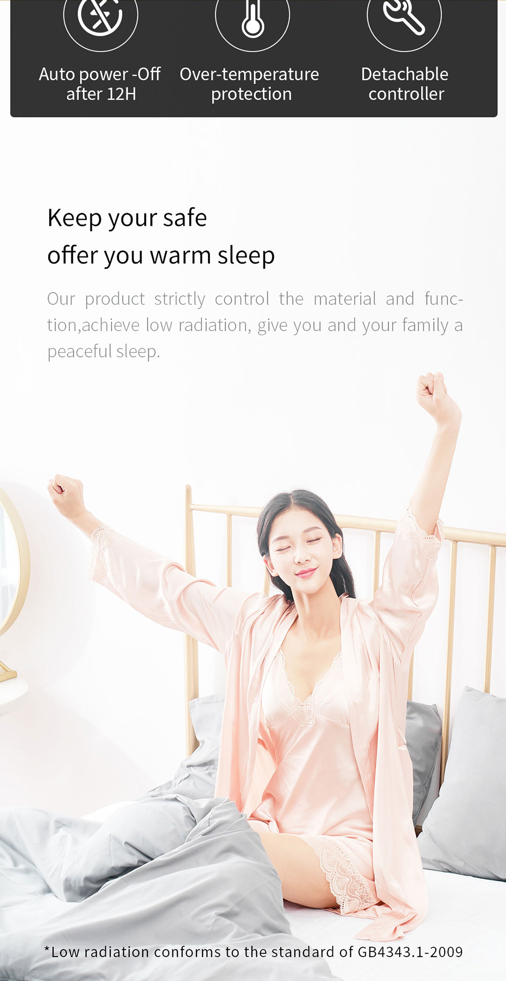 Xiaoda Electric Heating Blanket, Low Radiation, Overheat Protection, 12 Hours Automatic Power-off, 150*80cm - EU Plug
