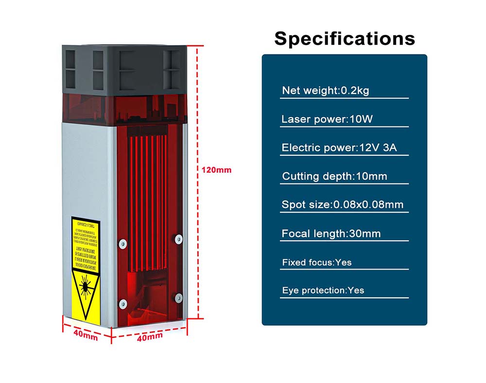 ZBAITU C80-EAIR 10W Laser Module with Air Assist, Fixed-focus, 0.08x0.08mm Spot, Eye Protection, Single Fan