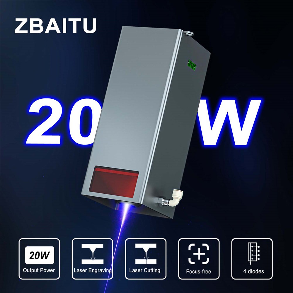 ZBAITU F20-PF 20W Laser Module with Air Assist, 4 Diodes, Focus Free, 0.08x0.08mm Spot, Eye Protection, Single Fan
