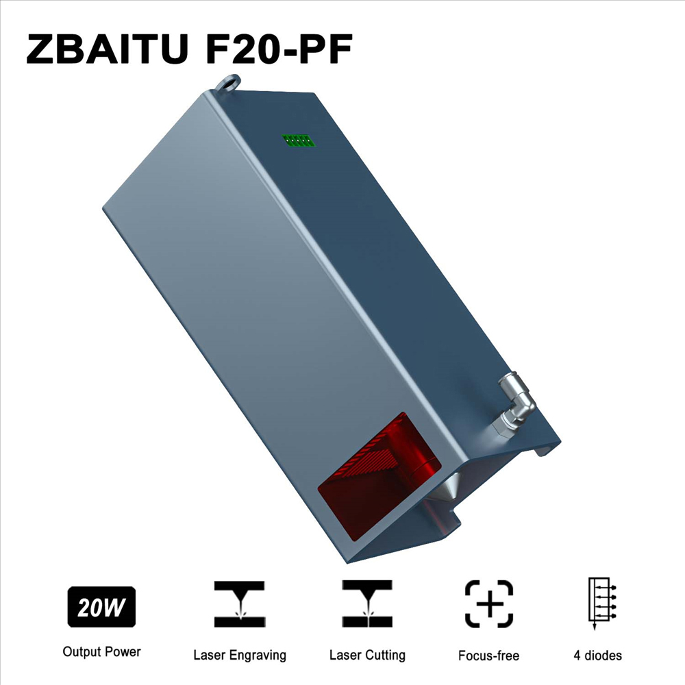 ZBAITU F20-PF 20W Laser Module with Air Assist, 4 Diodes, Focus Free, 0.08x0.08mm Spot, Eye Protection, Single Fan
