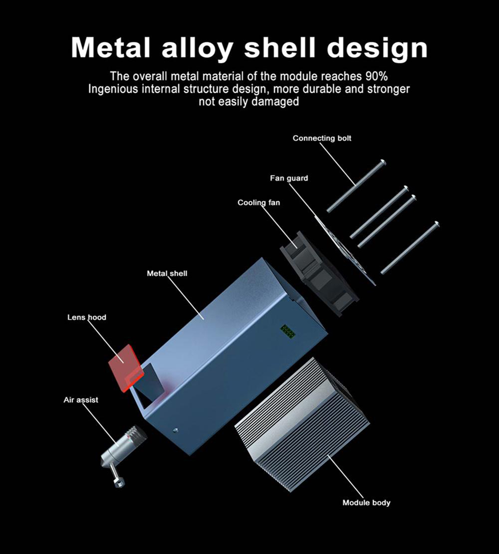 ZBAITU F20-PF 20W Laser Module with Air Assist, 4 Diodes, Focus Free, 0.08x0.08mm Spot, Eye Protection, Single Fan
