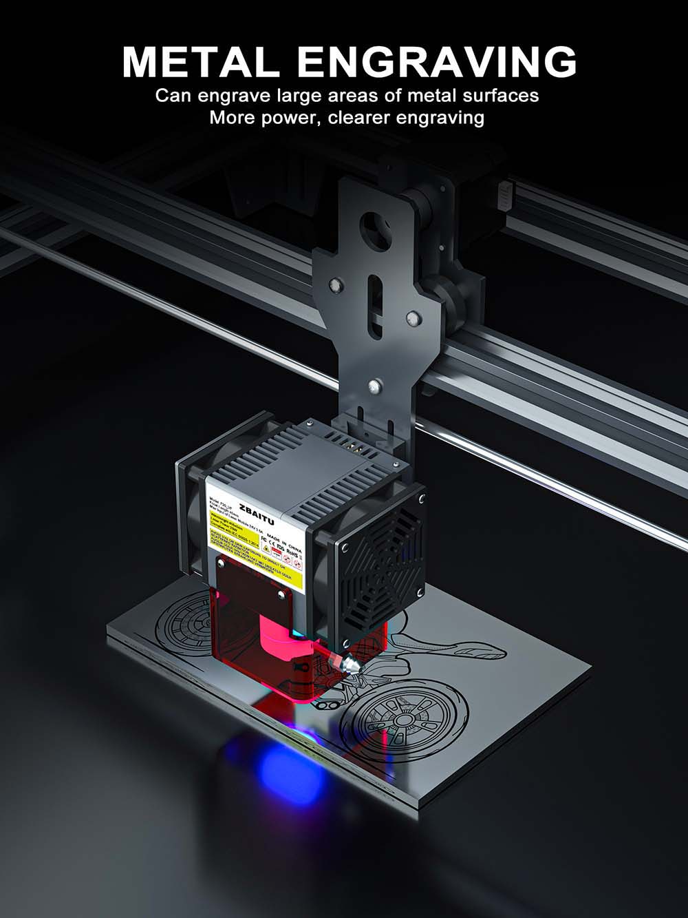 ZBAITU F20-VF 20W Laser Module with Air Assist, Fixed-focus, 0.08x0.08mm Spot, 0.01mm Accuracy, Dual Fans