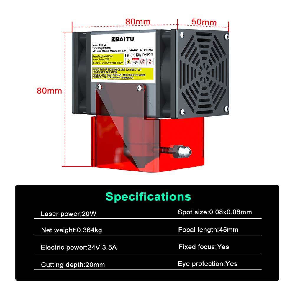 ZBAITU F20-VF 20W Laser Module with Air Assist, Fixed-focus, 0.08x0.08mm Spot, 0.01mm Accuracy, Dual Fans