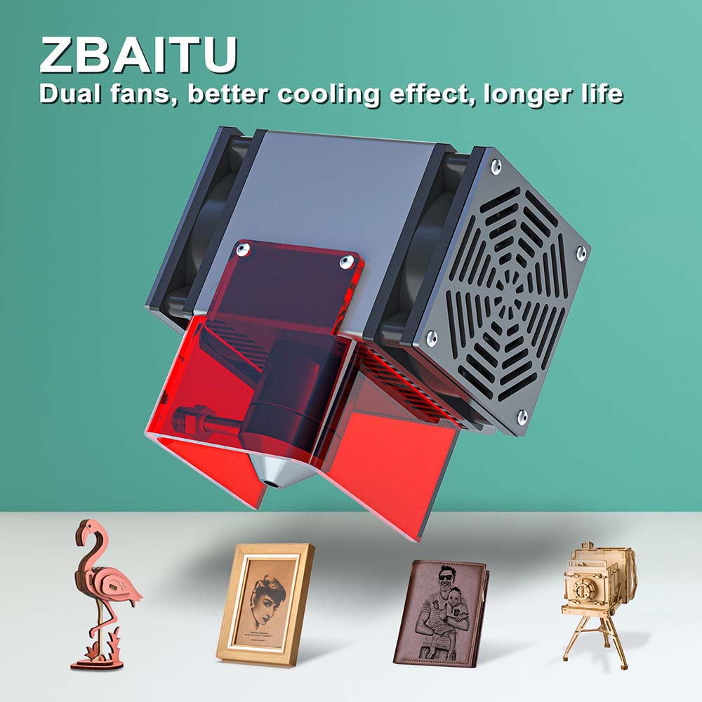 ZBAITU F20-VF 20W Laser Module with Air Assist, Fixed-focus, 0.08x0.08mm Spot, 0.01mm Accuracy, Dual Fans