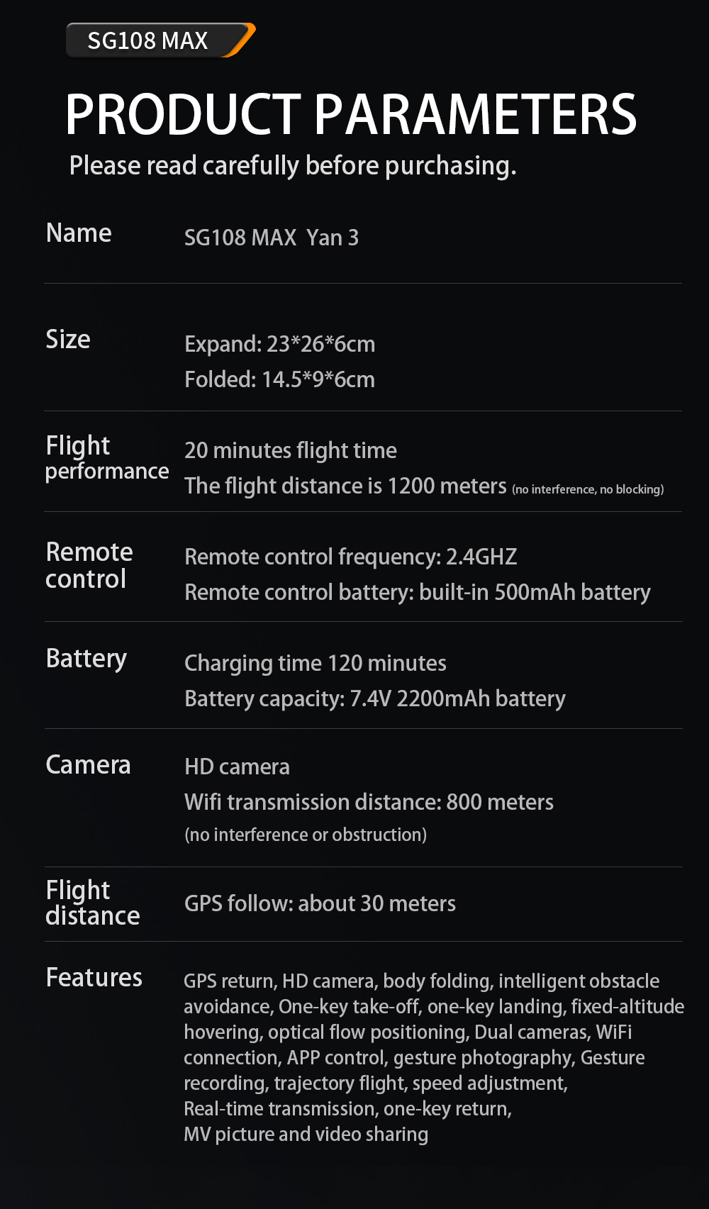 ZLL SG108MAX RC Drone GPS GLONASS 4K@25fps Adjustable Camera without Avoidance 20min Flight Time - Black One Battery