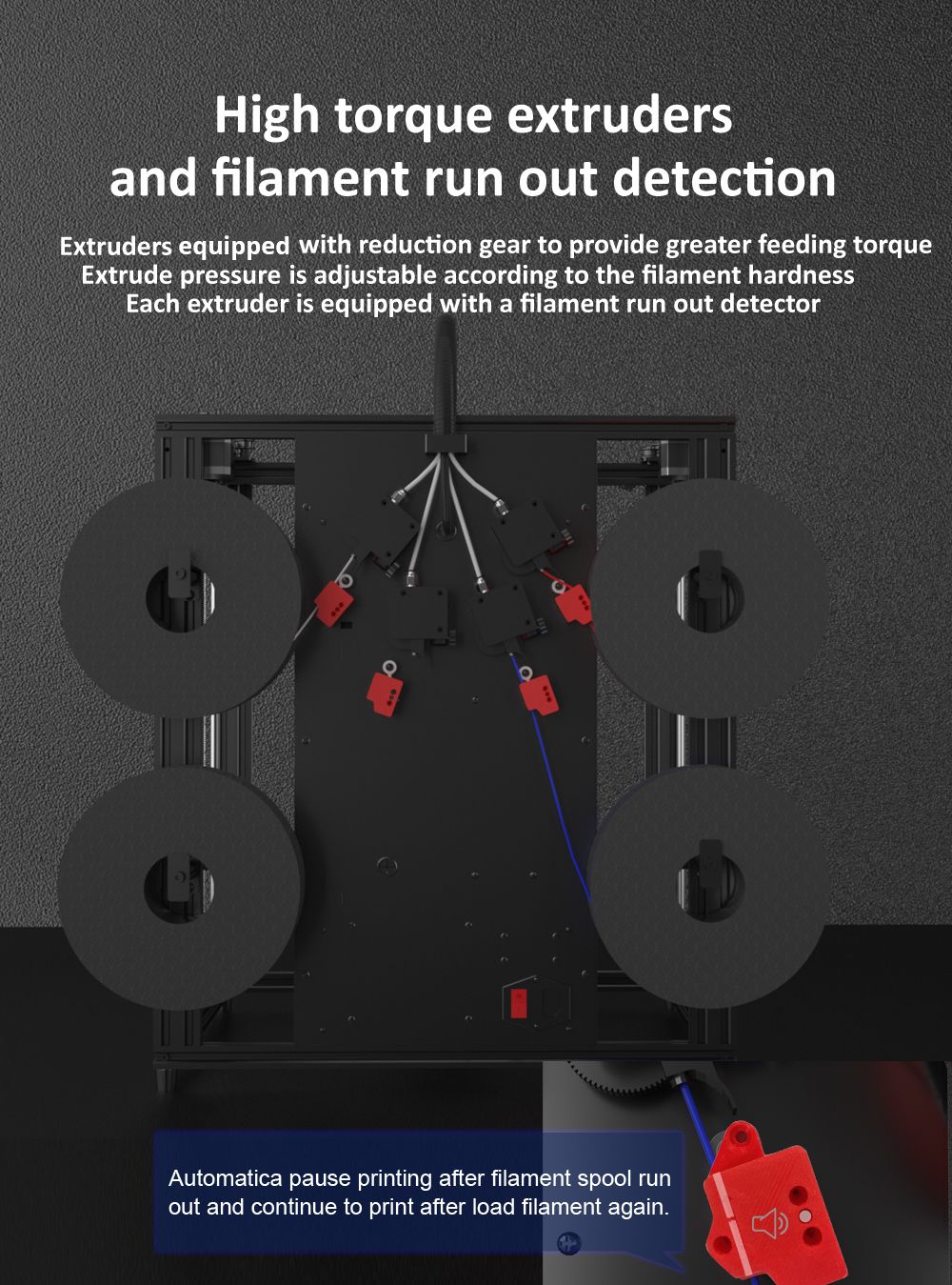 Zonestar Z9V5Pro-MK4 4 Extruders 3D Printer with 4*0.25kg Filament, 4 Colors, Auto Leveling, 32 Bit Control Board, Resume Printing, TFT-LCD, 300x300x400mm