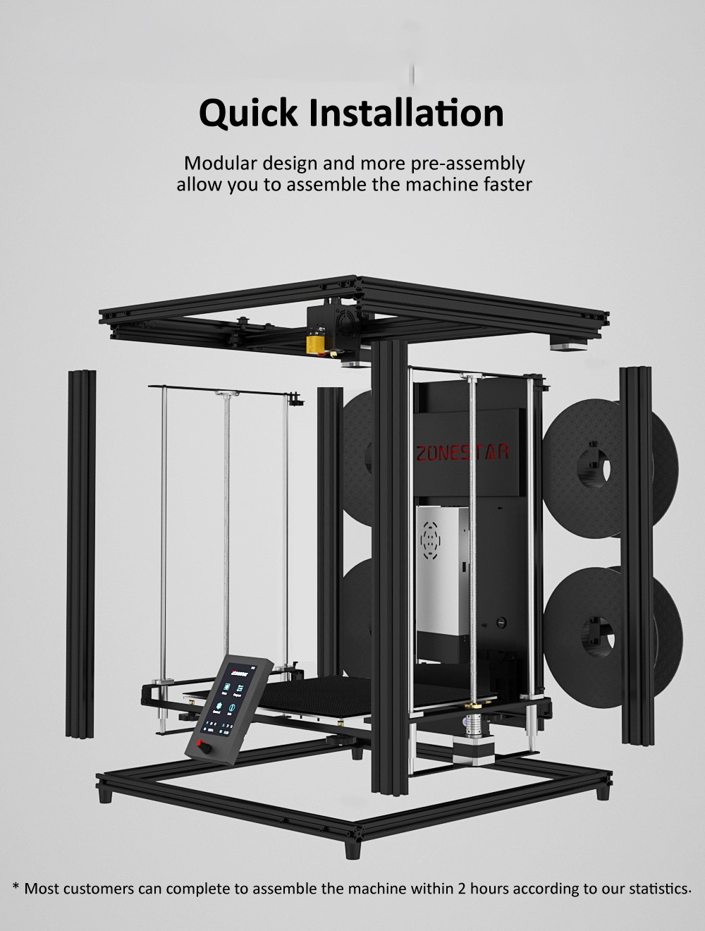 Zonestar Z9V5Pro-MK4 4 Extruders 3D Printer with 4*0.25kg Filament, 4 Colors, Auto Leveling, 32 Bit Control Board, Resume Printing, TFT-LCD, 300x300x400mm