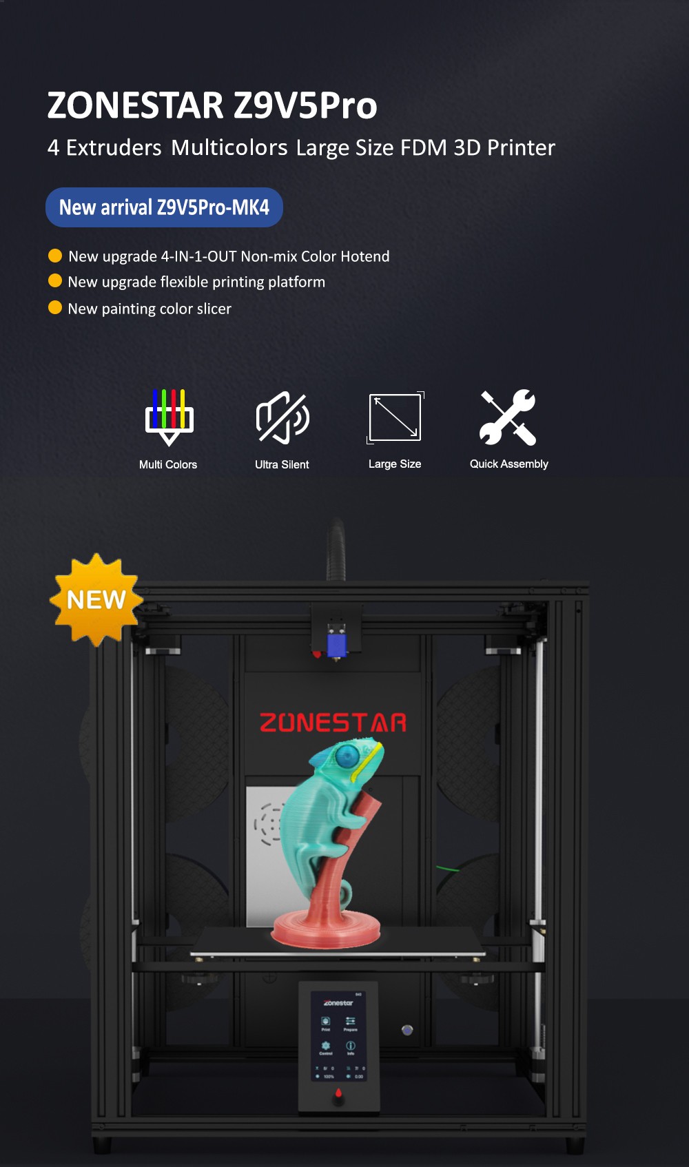 Zonestar Z9V5Pro-MK4 4 Extruders 3D Printer with 4*0.25kg Filament, 4 Colors, Auto Leveling, 32 Bit Control Board, Resume Printing, TFT-LCD, 300x300x400mm