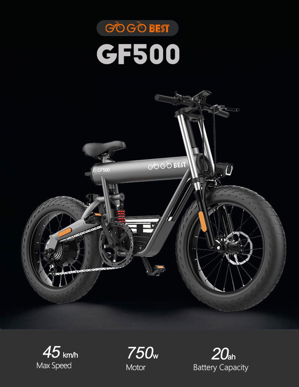 GOGOBEST GF500 Electric Bicycle 20*4.0 inch Tire 750W Motor 48V 20Ah Battery 90-100km Max Range 45km/h Top Speed