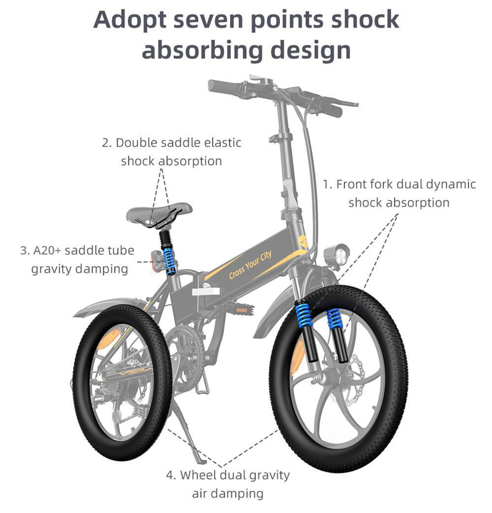 ADO A20+ Electric Folding Bike 20 inch City Bicycle 250W Hall Brushless Gear DC Motor SHIMANO 7-Speed Rear Derailleur 36V 10.4Ah Removable Battery 25km/h Max speed up to 60km Max Range IPX5 Double Shock-absorption Aluminum alloy Frame - White