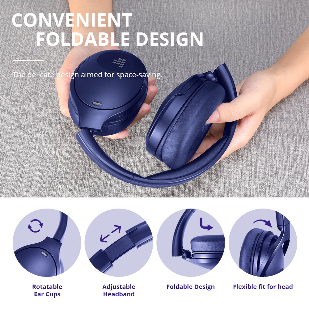 Tronsmart Apollo Q10 ANC Active Noise Cancelling Bluetooth Headphones Reduce noise level up to 35dB 40mm Audio Driver 100 Hours Battery Life 5 Mics Deep Bass Adjustable Headband For Travel Home Office, Blue