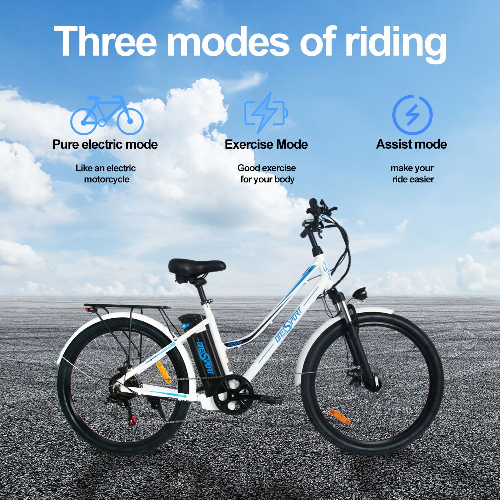 ONESPORT BK1 Electric Bike 26 Inch Tires 36V 350W Motor 10Ah Battery 25Km/h Max Speed Shimano 7 Speed Gear Front Suspension and Dual Disc Brakes 120KG Max Load - White