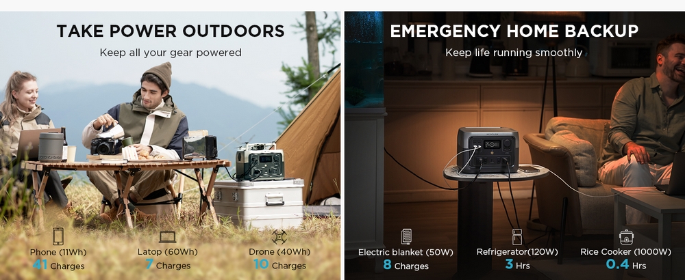 EF EcoFlow RIVER 2 MAX Portable Power Station, 500W Output, 512Wh LiFePO4 Battery Solar Generator, 1 Hour Fast Charging, 11 Output Ports, App Control, Up To 1000W Output Solar Generator for Outdoor Camping/RVs/Home Emergency Use