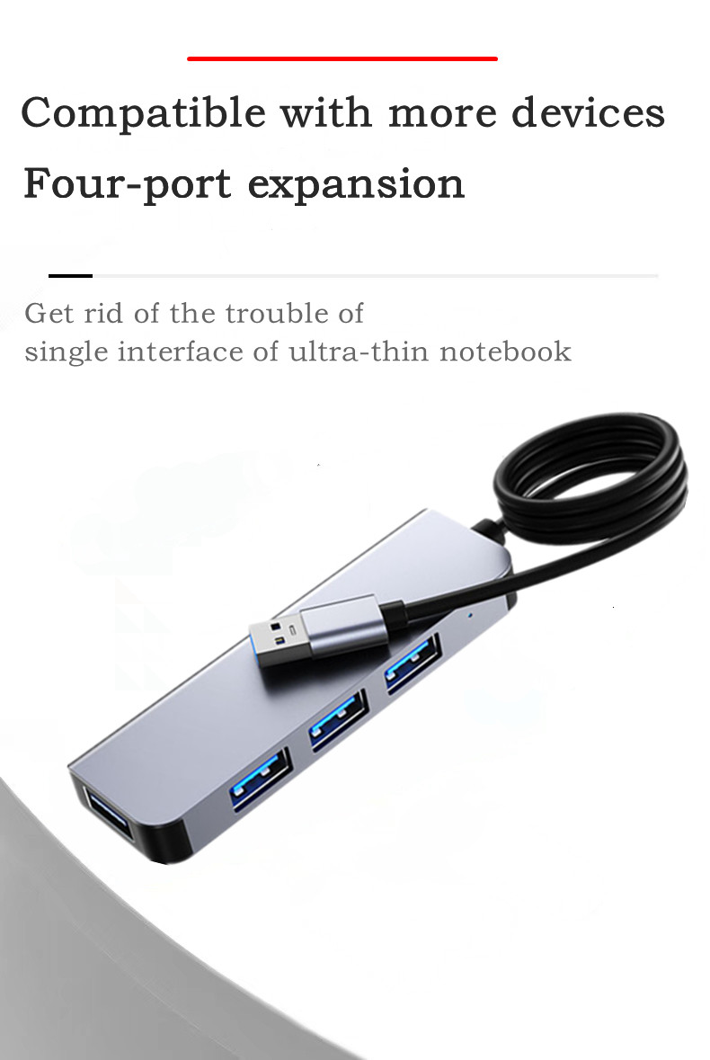 4 in 1 Ultra Thin Elongated Portable HUB Mini USB Hub Extension, 4 Ports USB Hub 1.2m Ultra Long Cable