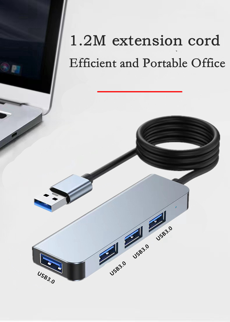 4 in 1 Ultra Thin Elongated Portable HUB Mini USB Hub Extension, 4 Ports USB Hub 1.2m Ultra Long Cable