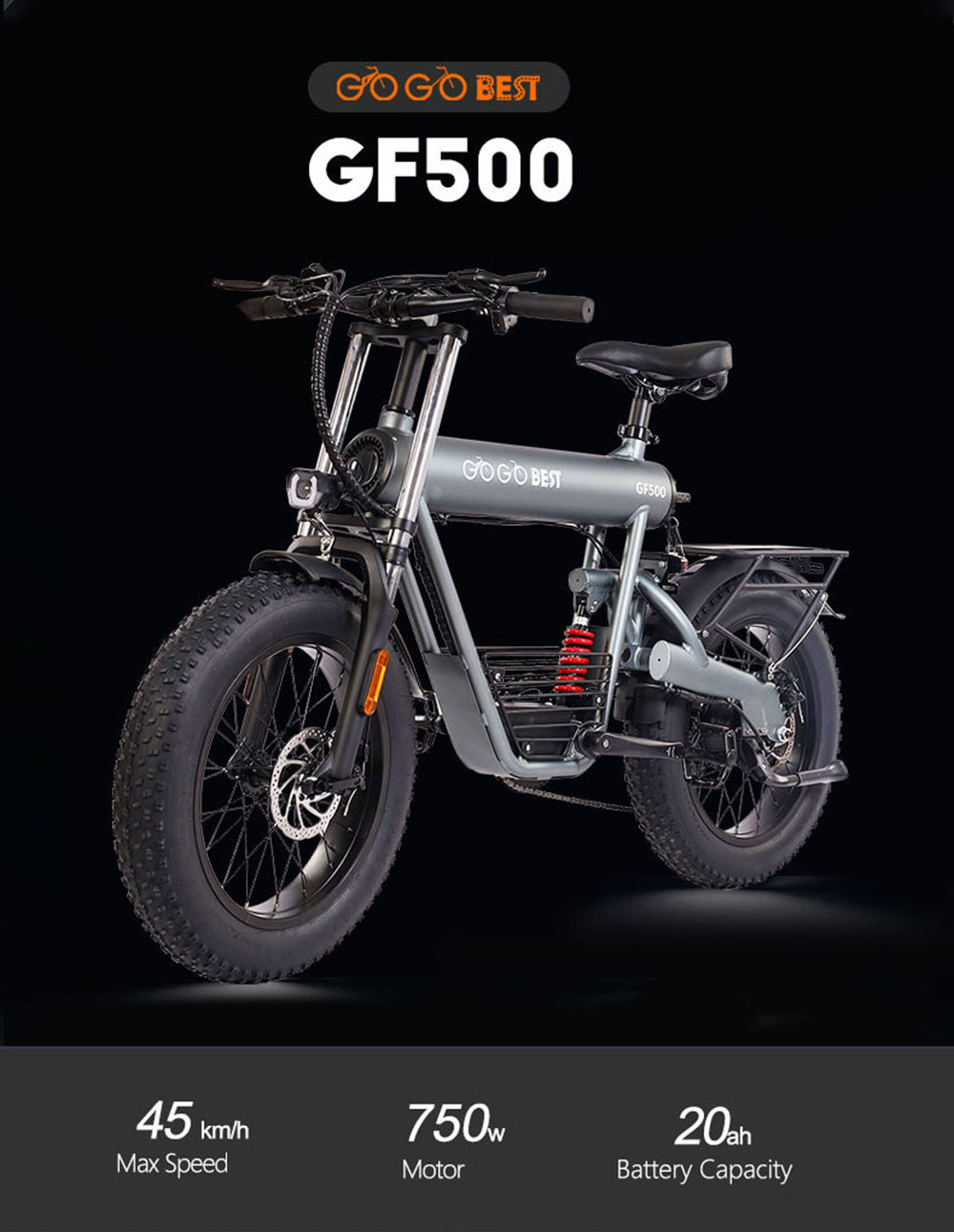 GOGOBEST GF500 Electric Bicycle 20*4.0 Inch Fat Tire 750W Motor 45Km/h Top Speed 48V 20Ah Battery 90-100KM Max Range Shimano 7-Speed Transmission Dual Disc Brake