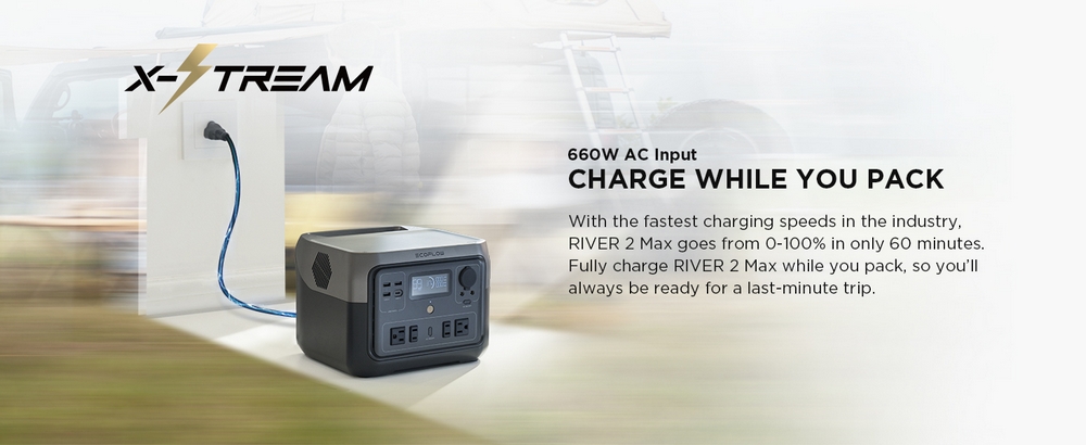 EF EcoFlow RIVER 2 MAX Portable Power Station, 500W Output, 512Wh LiFePO4 Battery Solar Generator, 1 Hour Fast Charging, 11 Output Ports, App Control, Up To 1000W Output Solar Generator for Outdoor Camping/RVs/Home Emergency Use