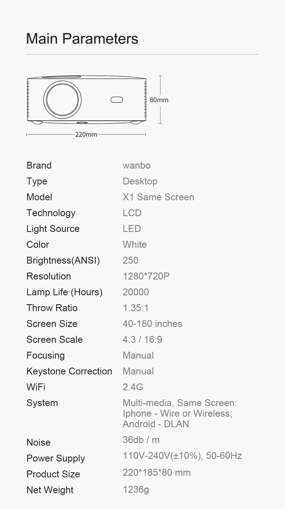 Wanbo X1 Mini Projector 720P HD HDR Smart Projector Keystone Correction for Home Office EU Plug - White