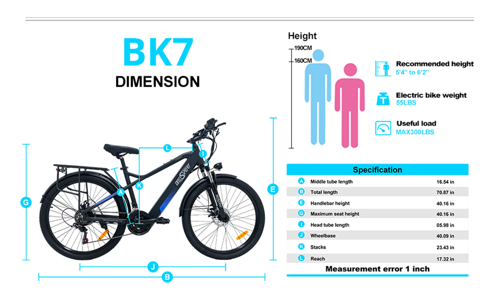ONESPORT BK7 Electric Bike 48V 350W Motor 10Ah Battery Shimano 21 Speed Gear Front Suspension and Dual Disc Brakes - Black