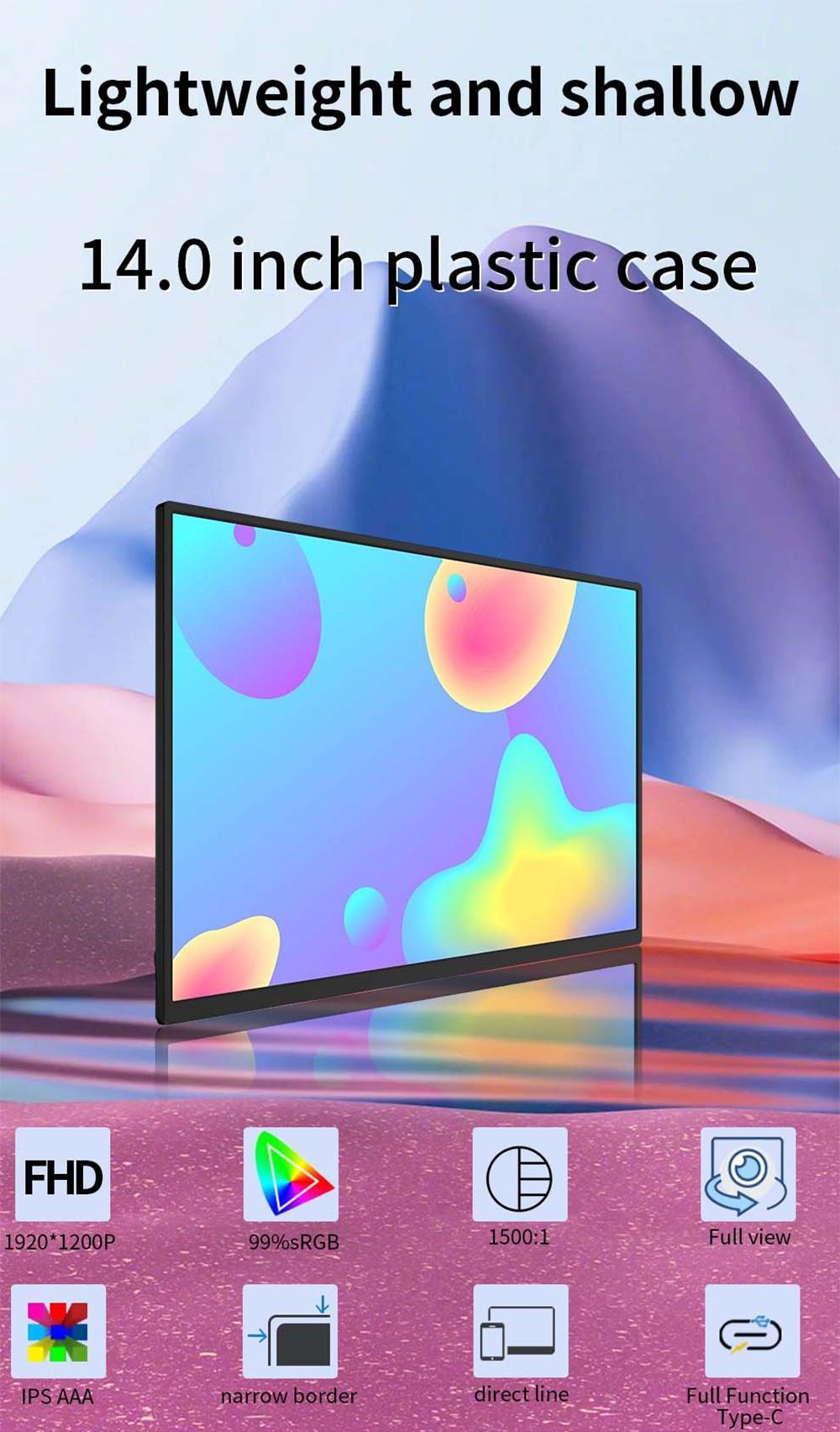 AOSIMAN 140FCC Portable 14 Inch Monitor 1920*1200 Resolution + HDR IPS Panel Plastic Shell Dual Speakers with Stand - EU Plug