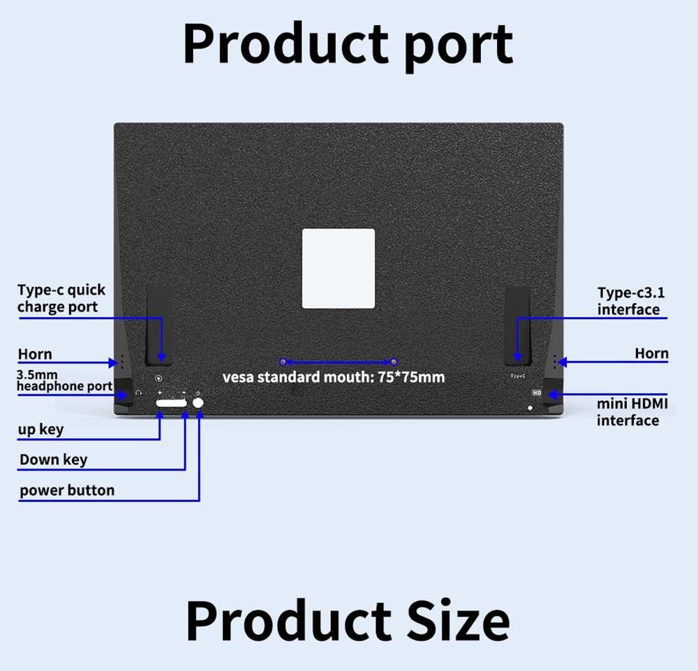 AOSIMAN 140FCC Portable 14 Inch Monitor 1920*1200 Resolution + HDR IPS Panel Plastic Shell Dual Speakers with Stand - US Plug