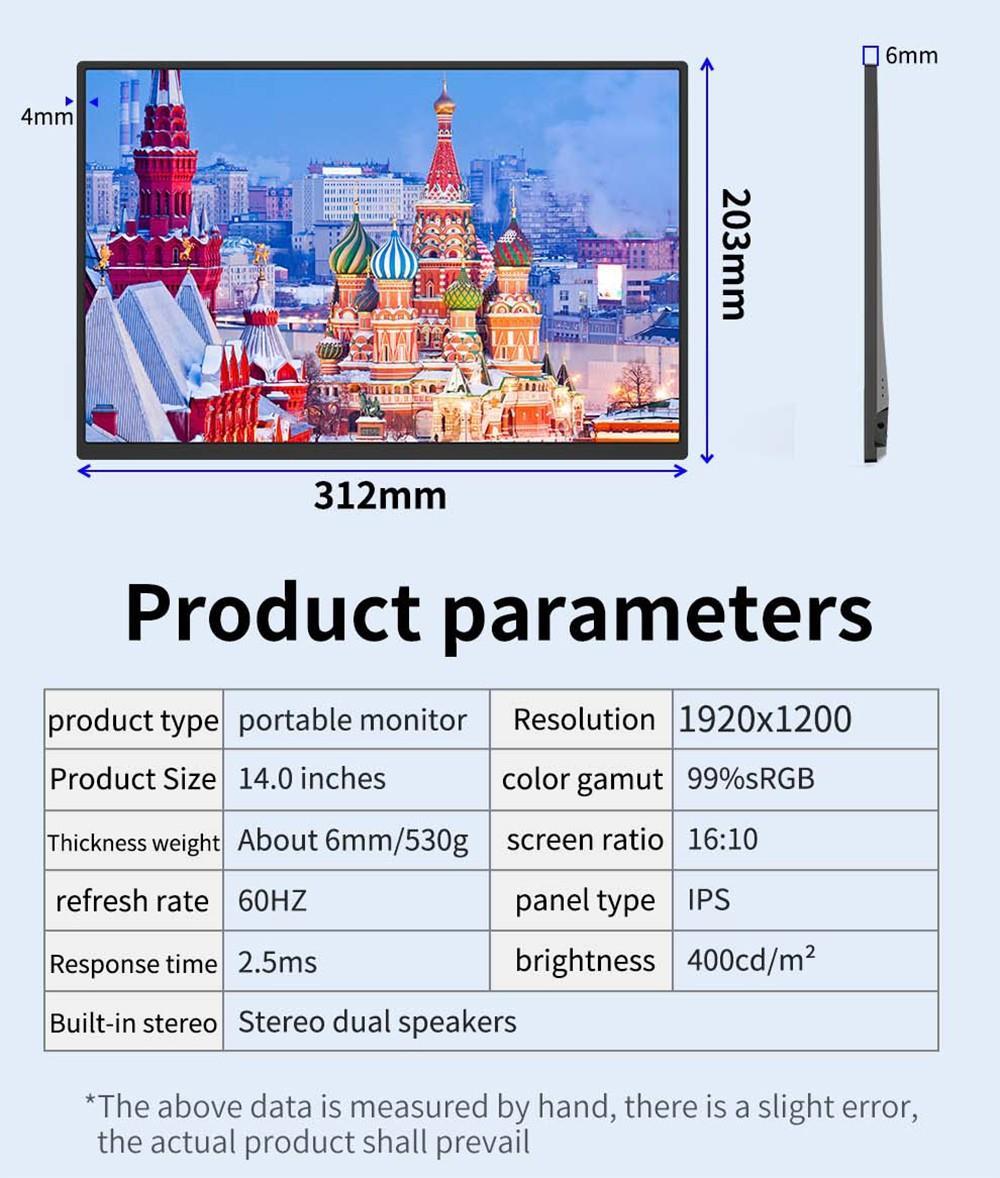 AOSIMAN 140FCC Portable 14 Inch Monitor 1920*1200 Resolution + HDR IPS Panel Plastic Shell Dual Speakers with Stand - US Plug