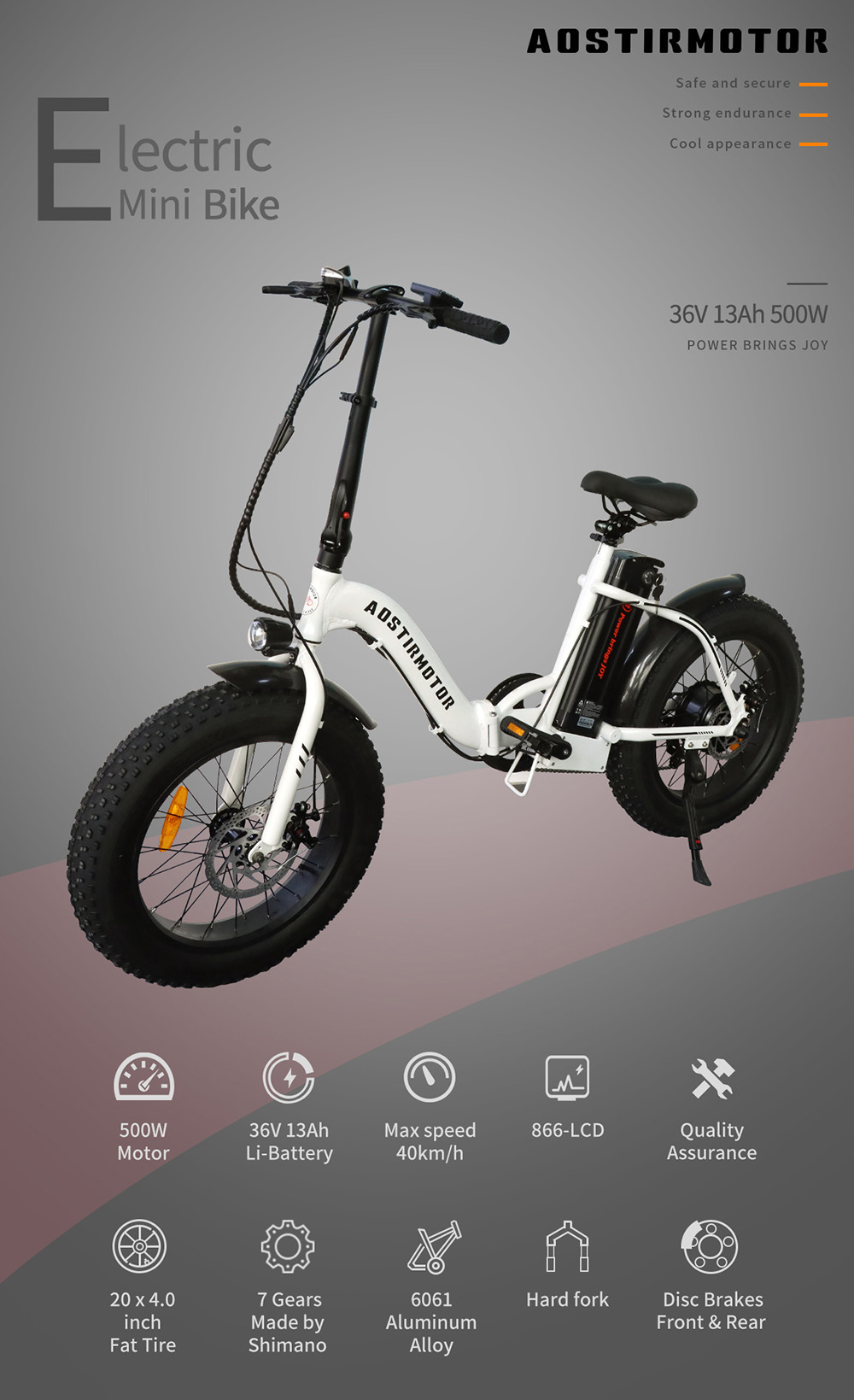 AOSTIRMOTOR G20 Folding Electric Bike 500W Motor 36V Removable 13Ah Battery 20*4.0'' Fat Tire 5-Speed Boost White