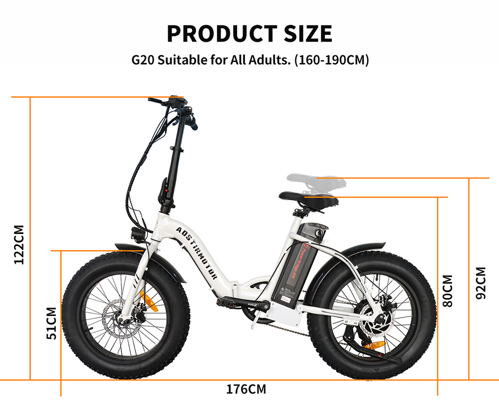 AOSTIRMOTOR G20 Folding Electric Bike 500W Motor 36V Removable 13Ah Battery 20*4.0'' Fat Tire 5-Speed Boost White