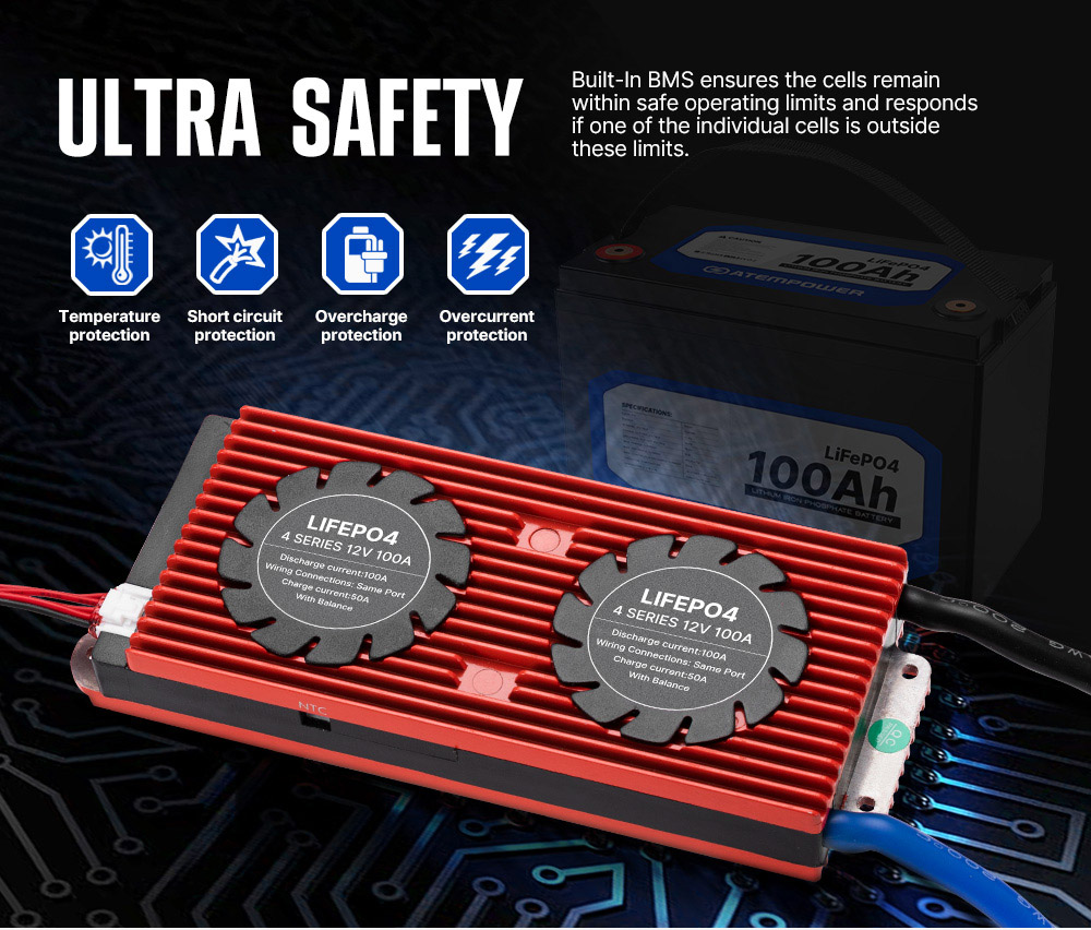 ATEM POWER 12V 100Ah Lifepo4 Battery, 100A Continuous Discharge, Deep Cycle, Built-in BMS, Run in Parallel or Series