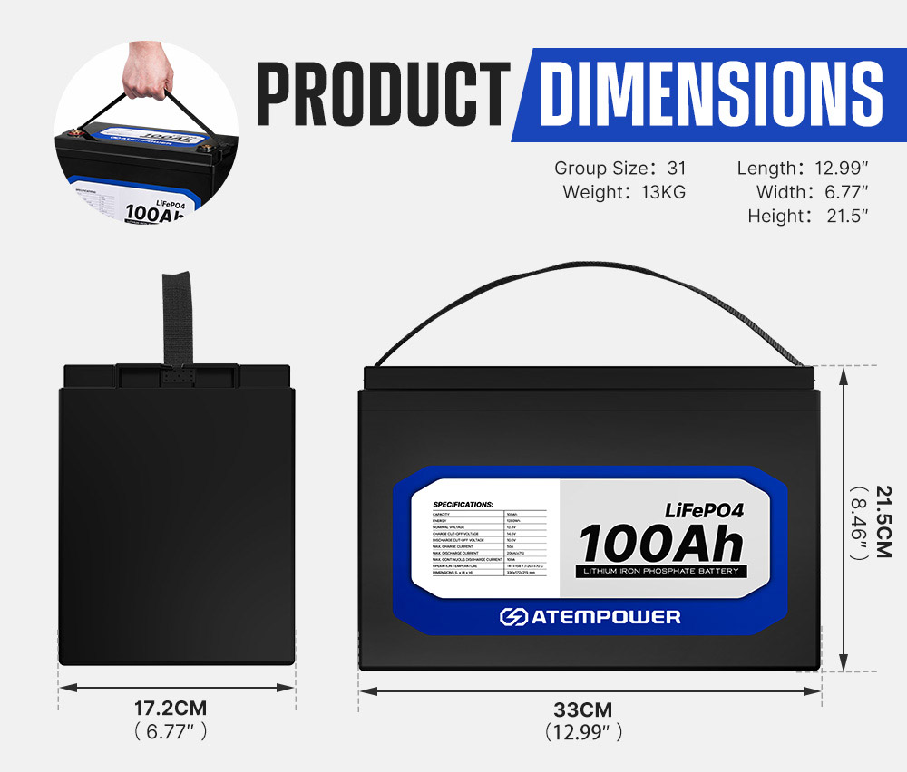 ATEM POWER 12V 100Ah Lifepo4 Battery, 100A Continuous Discharge, Deep Cycle, Built-in BMS, Run in Parallel or Series