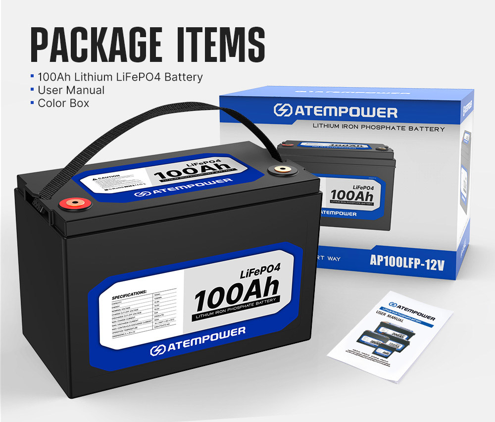 ATEM POWER 12V 100Ah Lifepo4 Battery, 100A Continuous Discharge, Deep Cycle, Built-in BMS, Run in Parallel or Series