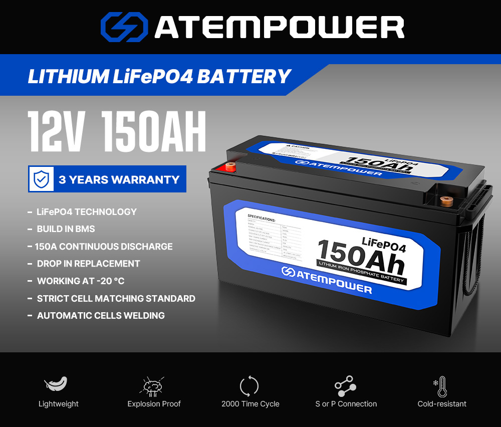 ATEM POWER 12V 150Ah Lifepo4 Battery, 100A Continuous Discharge, Deep Cycle, Built-in BMS, Run in Parallel or Series