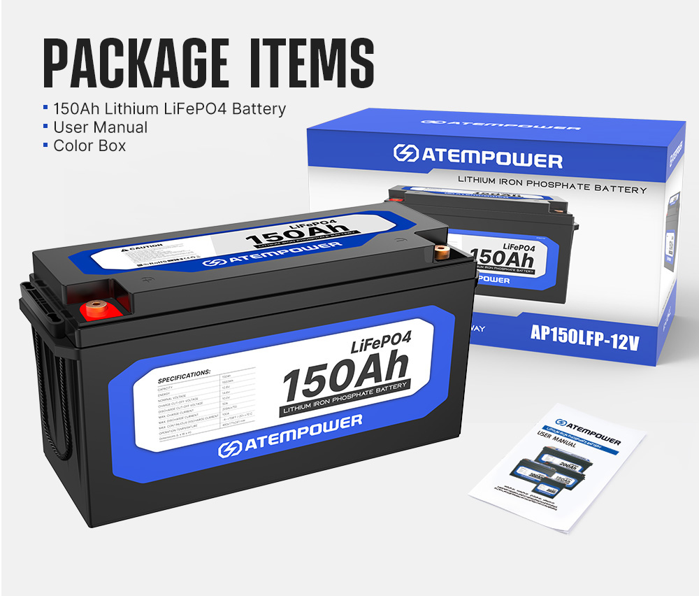 ATEM POWER 12V 150Ah Lifepo4 Battery, 100A Continuous Discharge, Deep Cycle, Built-in BMS, Run in Parallel or Series