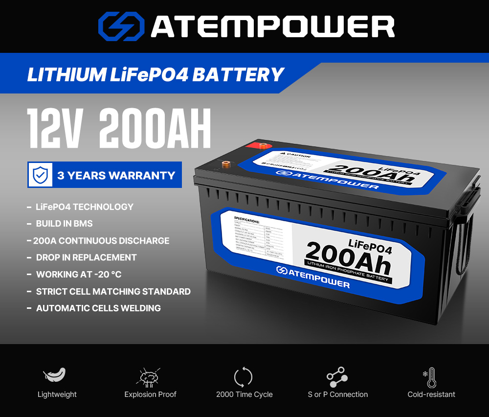 ATEM POWER 12V 200Ah Lifepo4 Battery, 200A Continuous Discharge, Deep Cycle, Built-in BMS, Run in Parallel or Series
