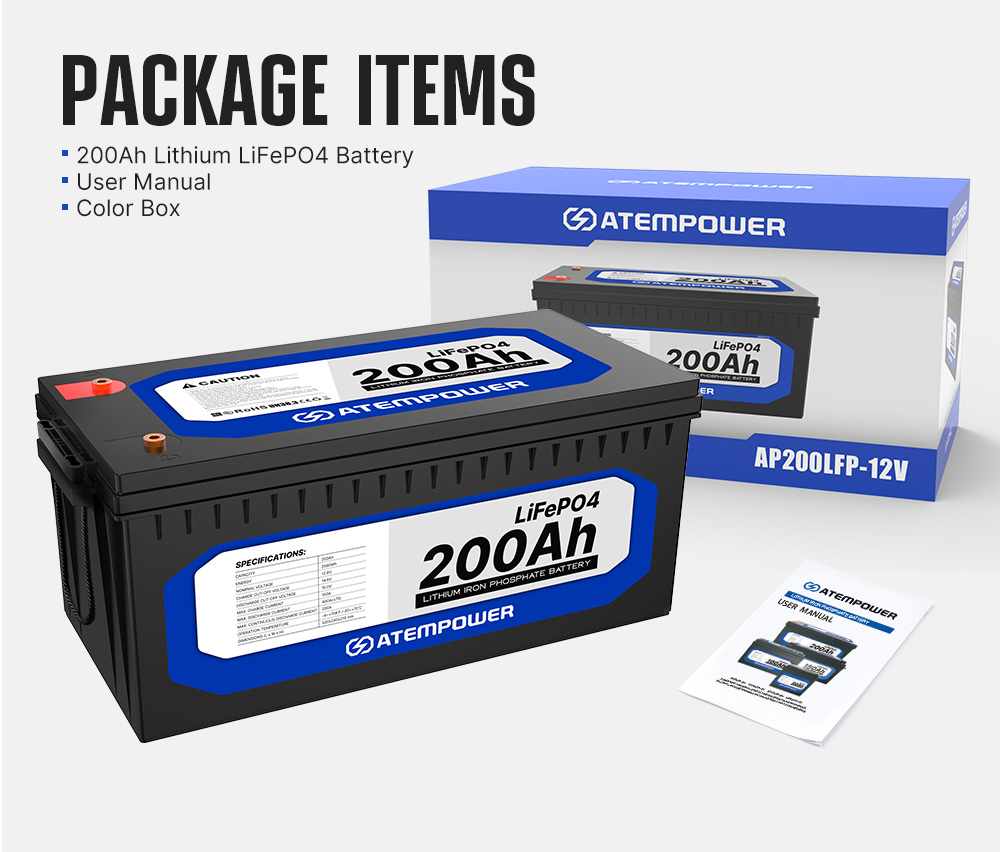 ATEM POWER 12V 200Ah Lifepo4 Battery, 200A Continuous Discharge, Deep Cycle, Built-in BMS, Run in Parallel or Series