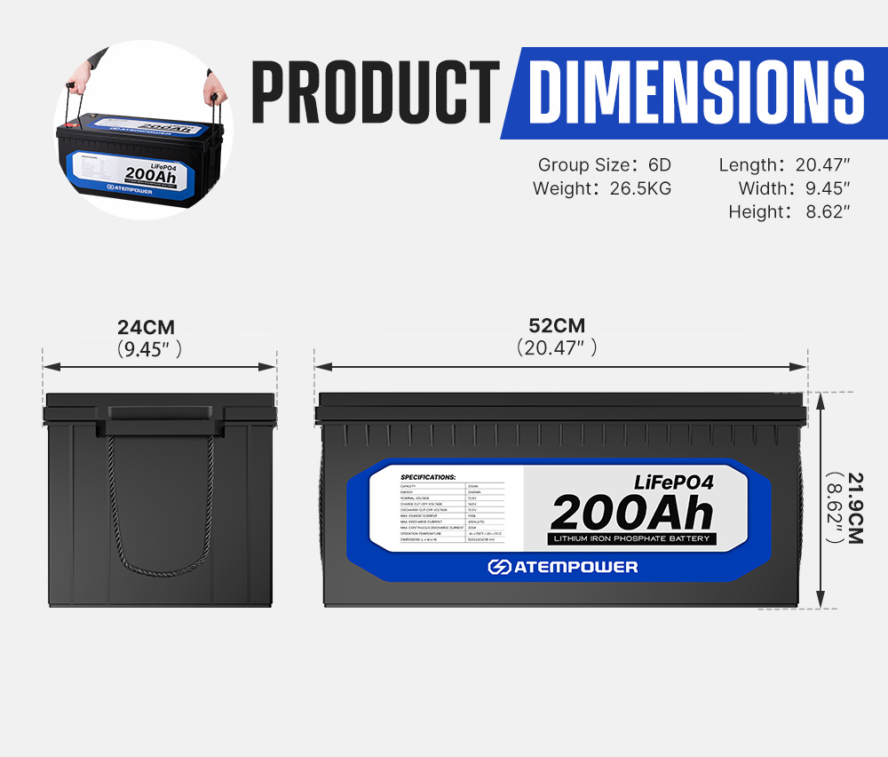 ATEM POWER 12V 200Ah Lifepo4 Battery, 200A Continuous Discharge, Deep Cycle, Built-in BMS, Run in Parallel or Series