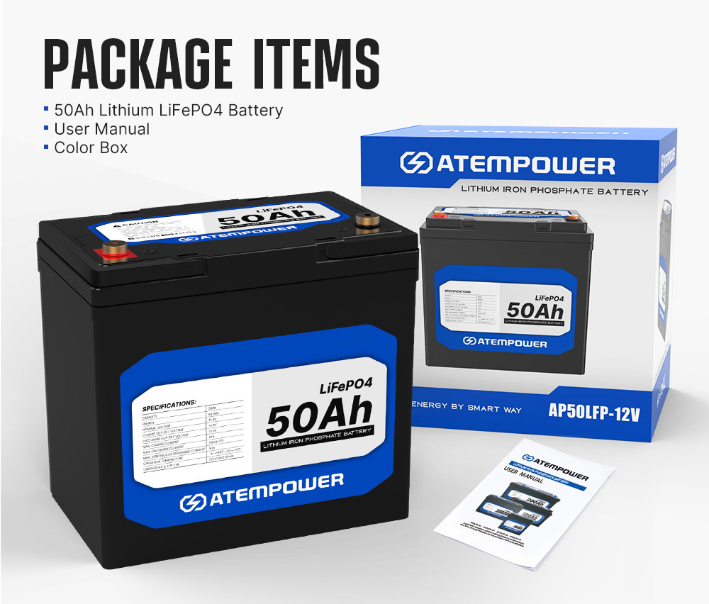 ATEM POWER 12V 50Ah Lifepo4 Battery, 50A Continuous Discharge, Deep Cycle, Built-in BMS, Run in Parallel or Series
