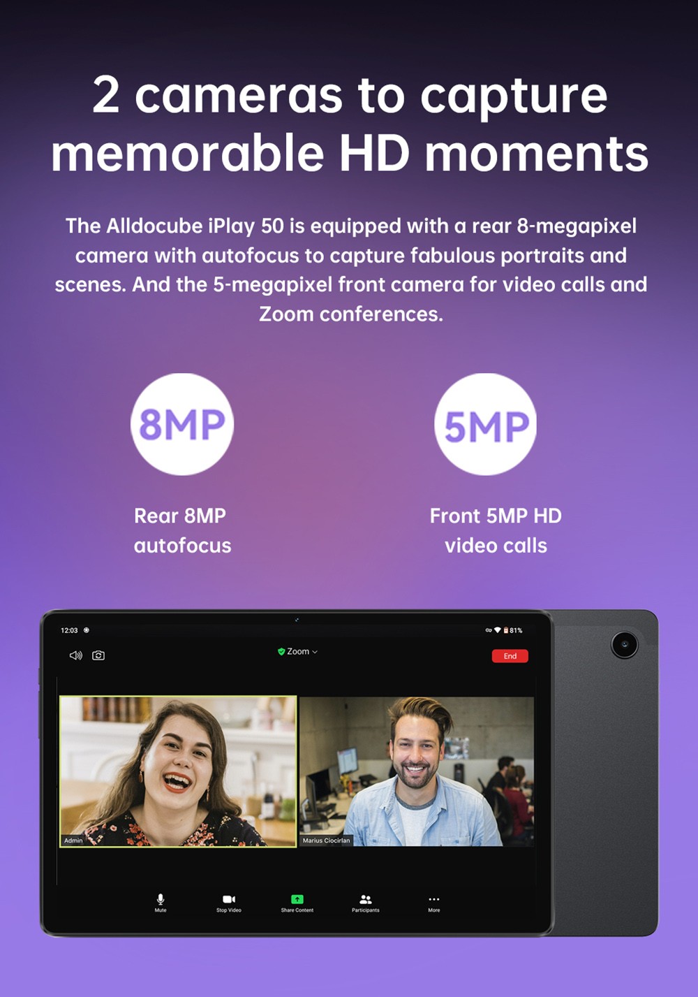 Alldocube iPlay 50 4G LTE Tablet UNISOC T618 Octa-core CPU, 10.4'' 2K UHD Display, Android 12 6+64GB, Dual Cameras