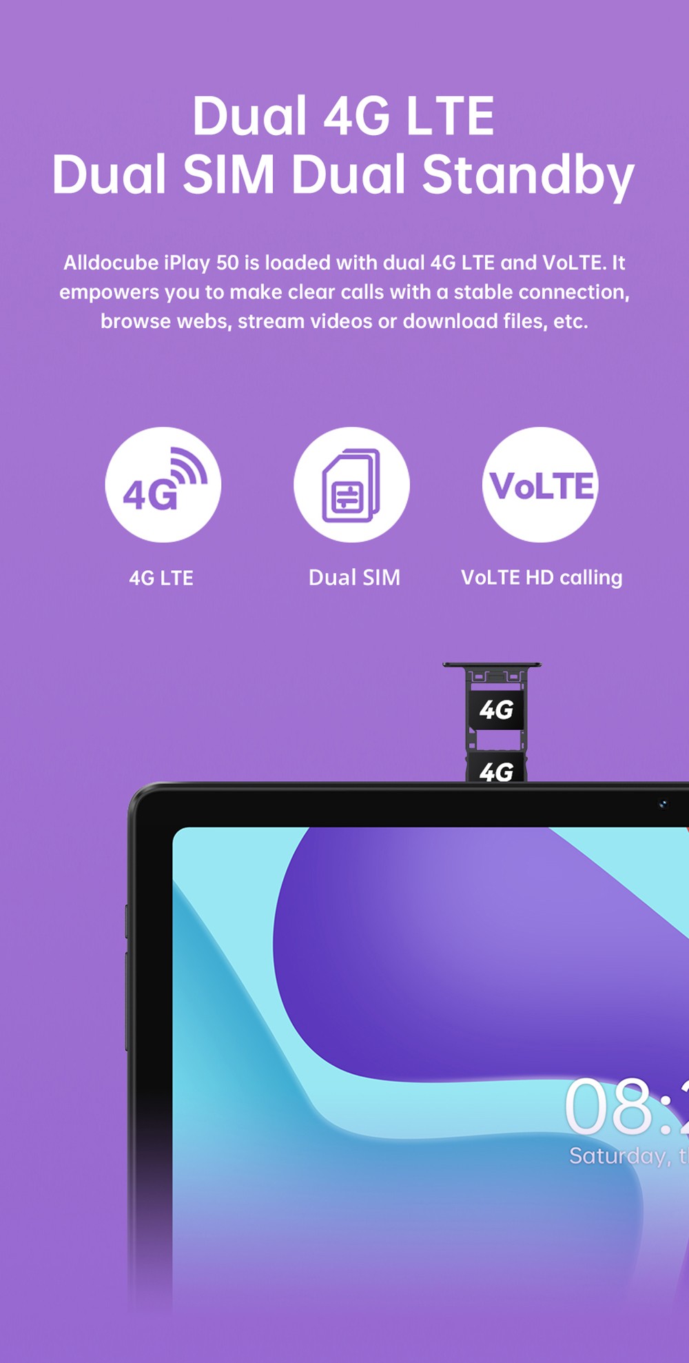 Alldocube iPlay 50 4G LTE Tablet UNISOC T618 Octa-core CPU, 10.4'' 2K UHD Display, Android 12 6+64GB, Dual Cameras with Keyboard Leather Case