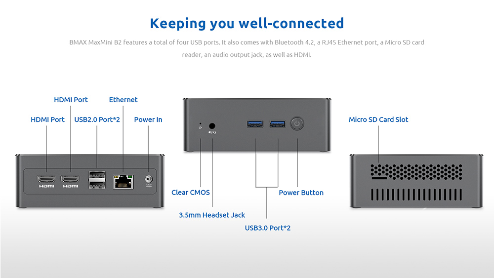 BMAX B2 Mini PC Processeur Intel® E3950 8 Go DDR4 128 Go SSD BT4.2 HDMI Type C 100 Mbps Wi-Fi Windows 10 Prise UE