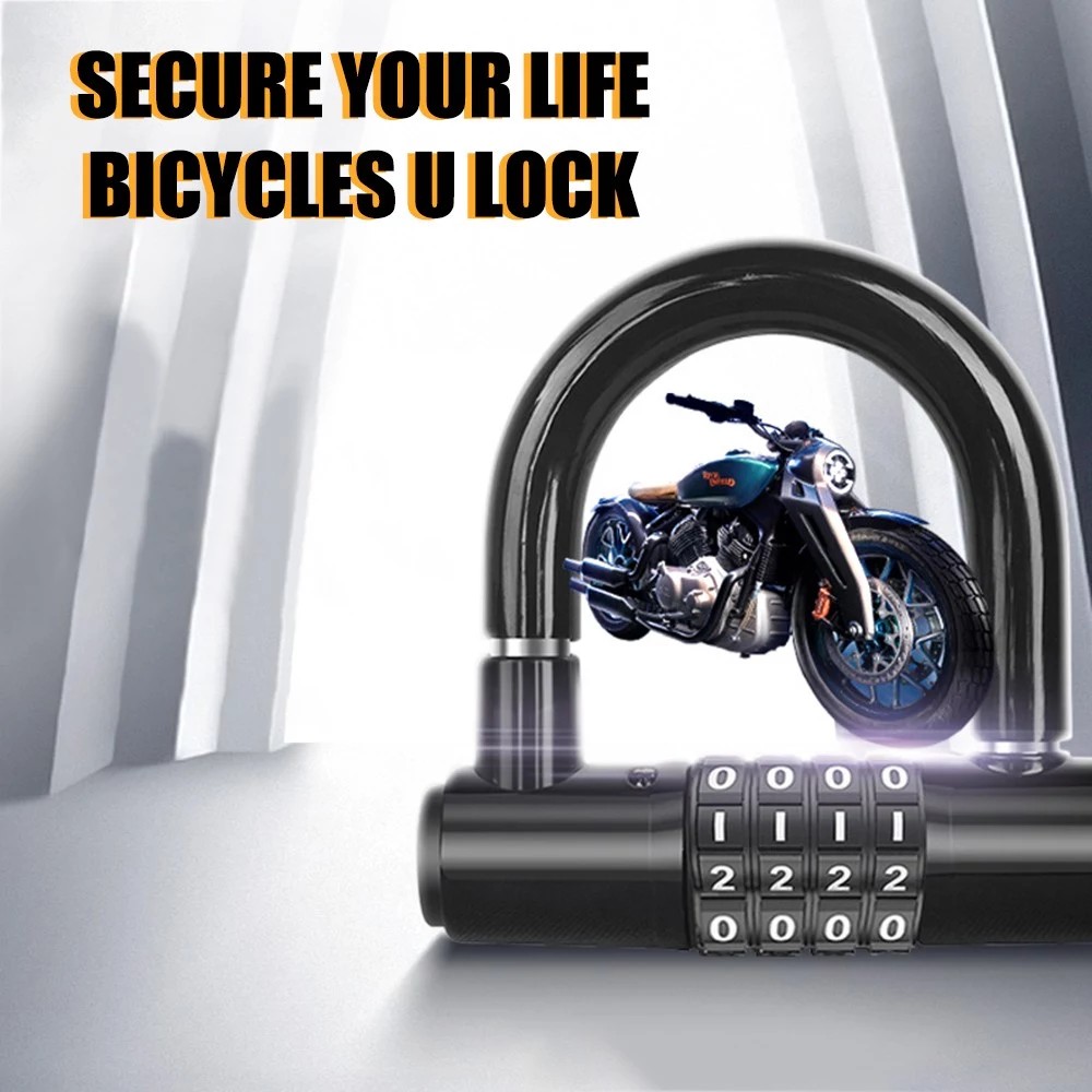 Bicycle U Lock 4-digit Combination Password Lock Anti-theft Heavy Duty Gym Locker for Bikes, Motorcycles, Scooters - Yellow