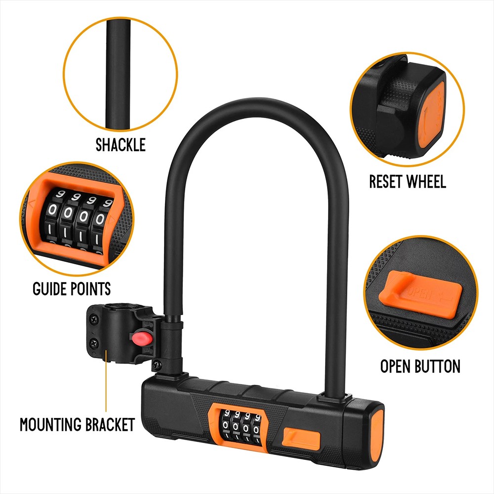 Bicycle U Lock with 1.2m Cable Anti-theft Heavy Duty Bike Password Lock Alloy for E-bikes, Motorcycles, Scooters