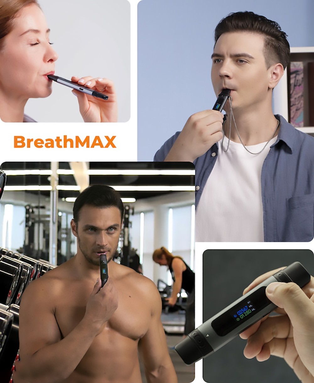BreaThru Max Spirometer Breathing Trainer with 3 Pair of Reusable Mouthpieces Support App Control - Silver