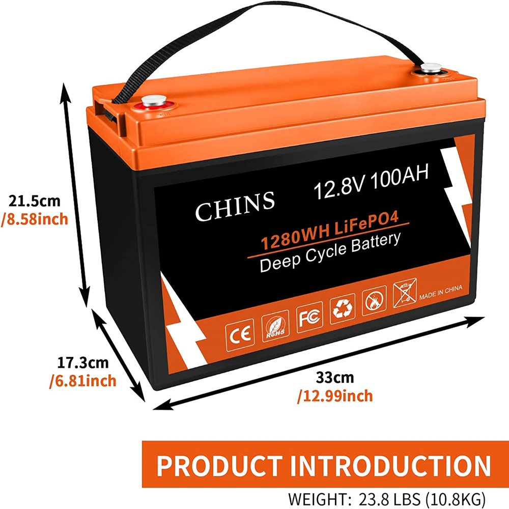 CHINS LiFePO4 Battery 12V 100AH Lithium Battery - Built-in 100A BMS, Perfect for Replacing Most of Backup Power, Home Energy Storage and Off-Grid etc.