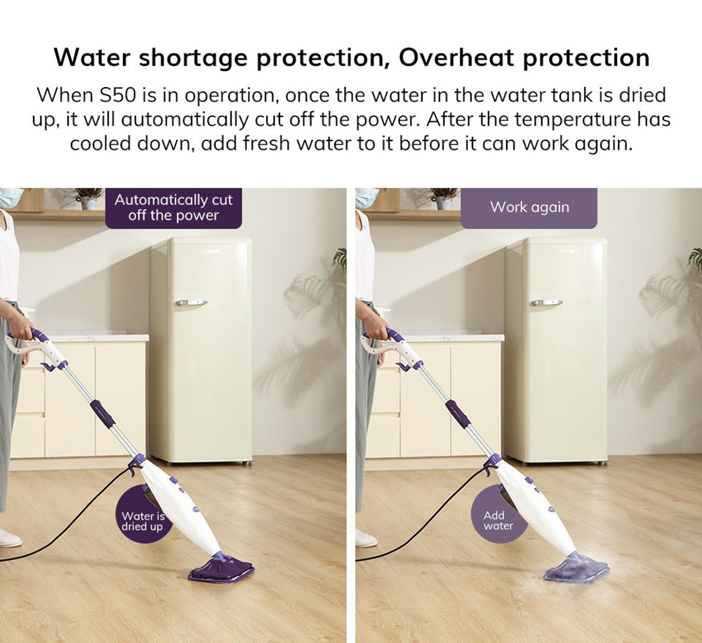 EASINE by ILIFE S50 Wired Steam Mop 1300W Power 450ml Water Tank 10 Levels Adjustable 20s Fast Steam 120 Degree Celsius High-Temperature 99% Sterilization Overheat Protection - Purple