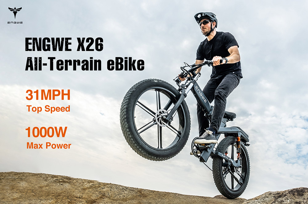 ENGWE X26 Electric Bike 48V 1000W Motor 19Ah & 7.5Ah Dual Battery for 57.7 Miles Range, 26*4.0 inch Fat Tire