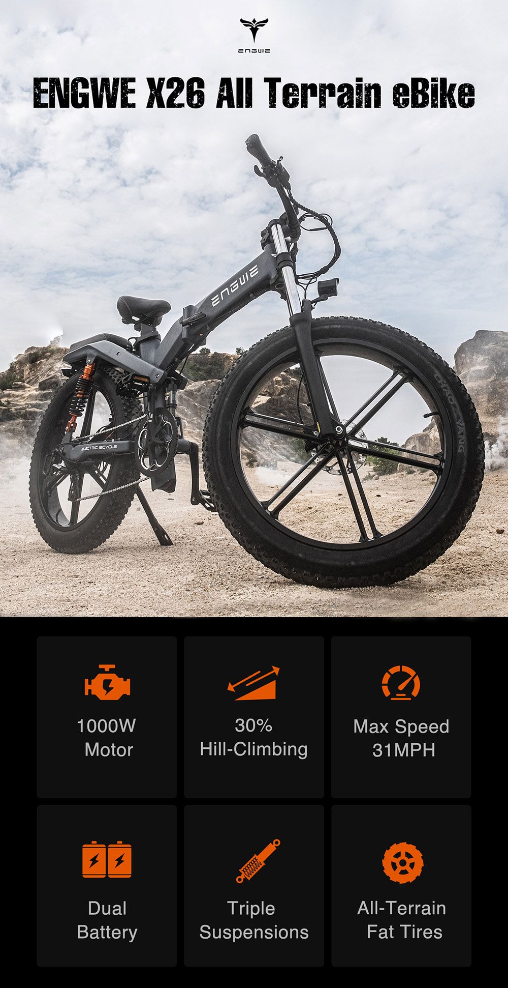 ENGWE X26 Electric Bike 48V 1000W Motor 19Ah & 7.5Ah Dual Battery for 57.7 Miles Range, 26*4.0 inch Fat Tire