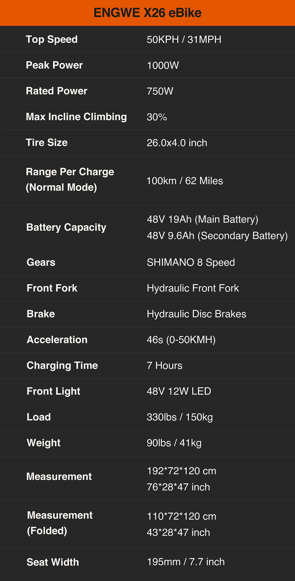 ENGWE X26 Electric Bike 48V 1000W Motor 19Ah & 7.5Ah Dual Battery for 57.7 Miles Range, 26*4.0 inch Fat Tire