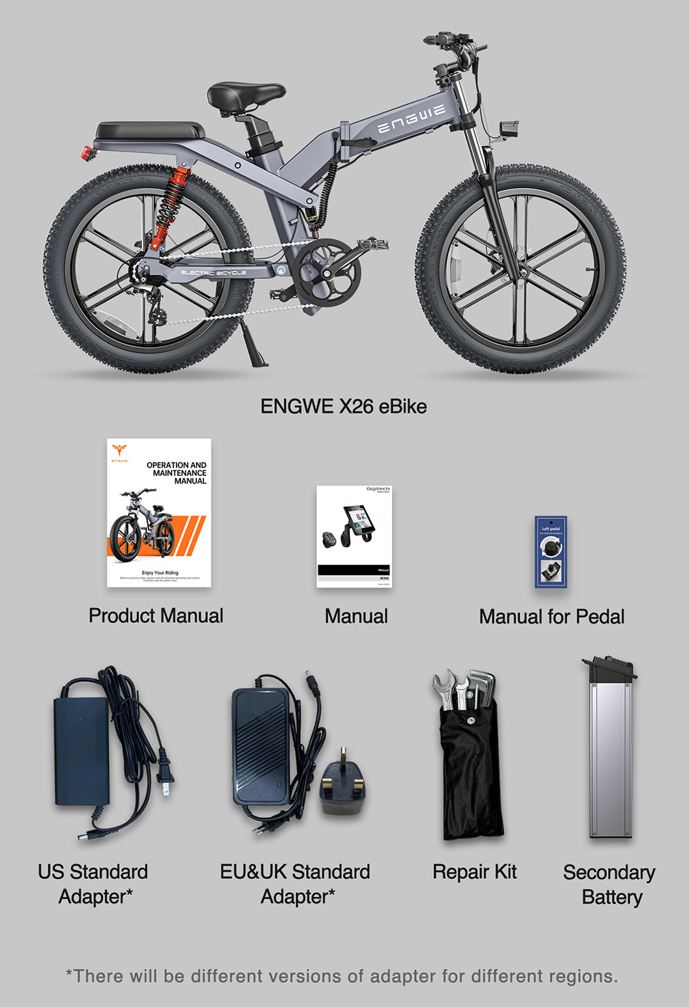 ENGWE X26 Electric Bike 48V 1000W Motor 19Ah & 7.5Ah Dual Battery for 57.7 Miles Range, 26*4.0 inch Fat Tire