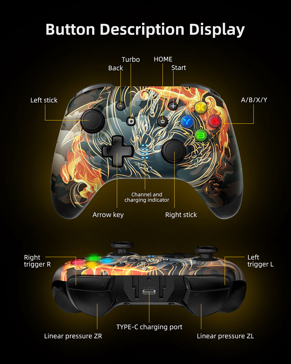 EasySMX Switch Pro Controller for Nintendo Switch/Lite/OLED, PC Controller, 3-modes Switch Controller - Orange Dragon